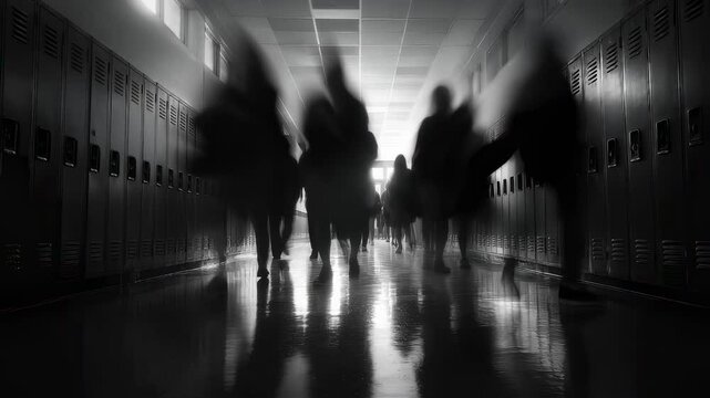 An evocative black and white image capturing the slowmotion journey of teenagers silhouettes against a crowded high school hallway reflecting the dreamlike quality of the backtoschool