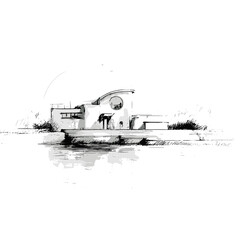 Waterfront House Hand-Drawn Sketch Monochrome, Transparent Background
