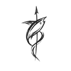Speared Fish Line Icon, Hand-Drawn Sketch, Transparent Background