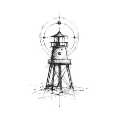 Lighthouse Line Icon, Hand-Drawn Sketch, Transparent Background