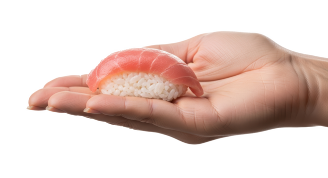 A single piece of tuna nigiri sushi resting delicately on the palm of a human hand against black backdrop