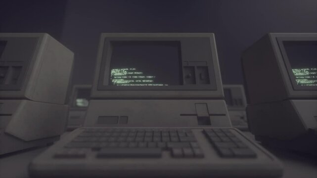 Retro Computer Terminal Displaying Code in a Dark Vintage Tech Room