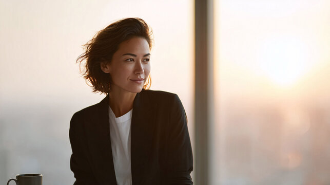 Confident professional woman looks towards the bright future in golden light. Represents aspiration, achievement, and modern leadership. Great for business, success,  inspiration.