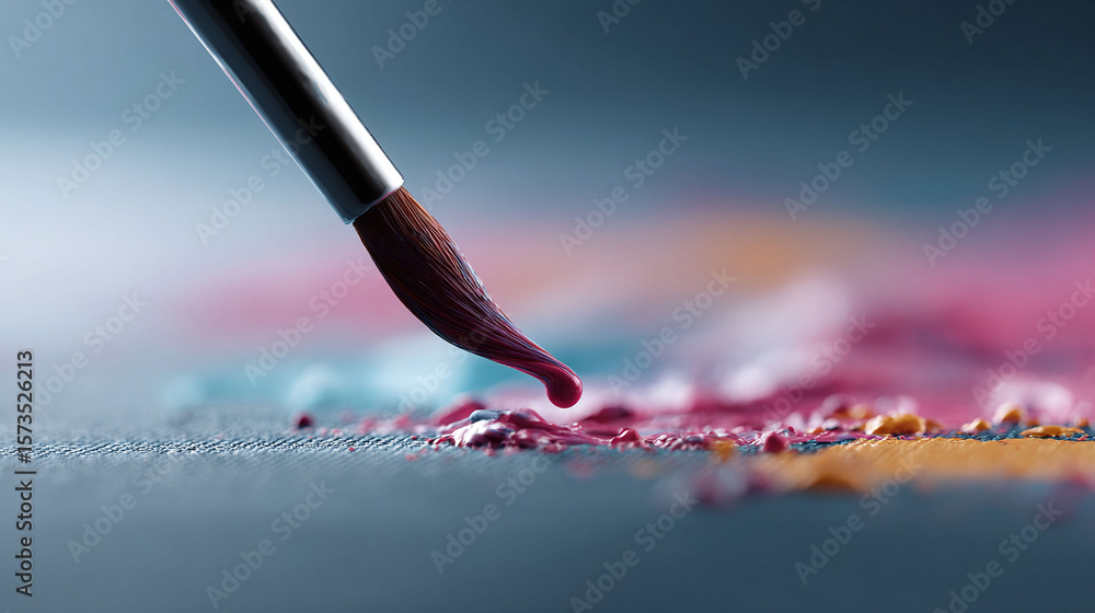 Poster closeup of paintbrush applying colorful paint to canvas. creative process, artistic expression. meta