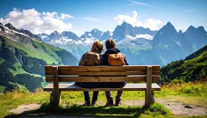 Couple sits on bench, mountain vista