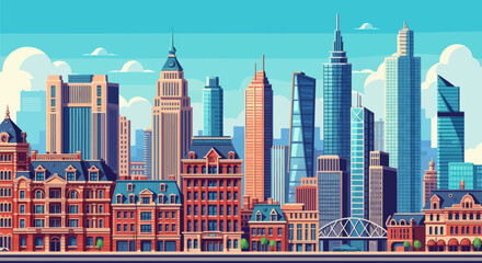 A vibrant city skyline illustration blending modern skyscrapers with traditional redbrick buildings under a clear blue sky