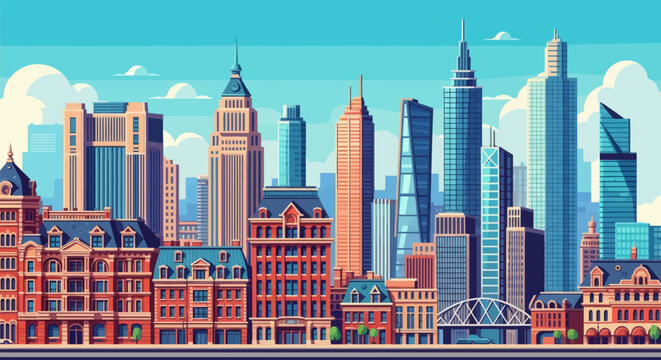 A vibrant city skyline illustration blending modern skyscrapers with traditional redbrick buildings under a clear blue sky