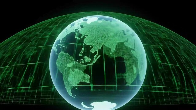 Global Digital Matrix: Rotating Earth with Binary Code and Futuristic Green Grid for Technology and Cybersecurity Concepts [129 characters]