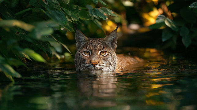 Lynx berian, Lynx pardinus Swims Gracefully in Calm Water Surrounded by Lush Forest and Greenery