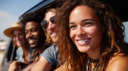 Happy Diverse Friends Smiling Road Trip Summer Vacation Joyful Travel Adventure Beautiful People Friendship Laughter Cheerful Outdoors Scenic View Smiling Faces Authentic Moments