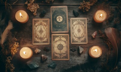 Tarot cards are laid out on a wooden table, surrounded by lit candles, crystals, feathers, and dried flowers, creating a mystical atmosphere for fortune-telling