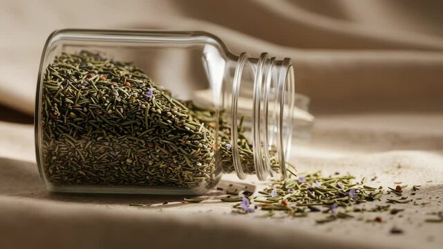 Dried herbs spilling from glass jar