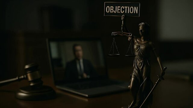 Courtroom Objection: A symbol of justice stands in the dimly lit courtroom, where a legal proceeding unfolds on a laptop screen, punctuated by an objection sign.