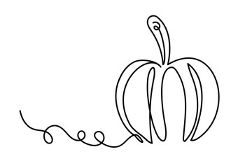 Minimalistic one line art drawing of pumpkin in black on white background. Perfect for autumn designs, posters, prints, packaging, greeting cards, fabric, kitchen textiles, and scrapbooking.
