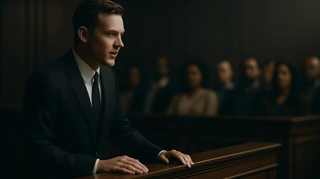 Courtroom Advocate: In a tense courtroom, a focused advocate delivers a passionate speech, with judges and jurors observing attentively, encapsulating the drama and importance of the legal process.