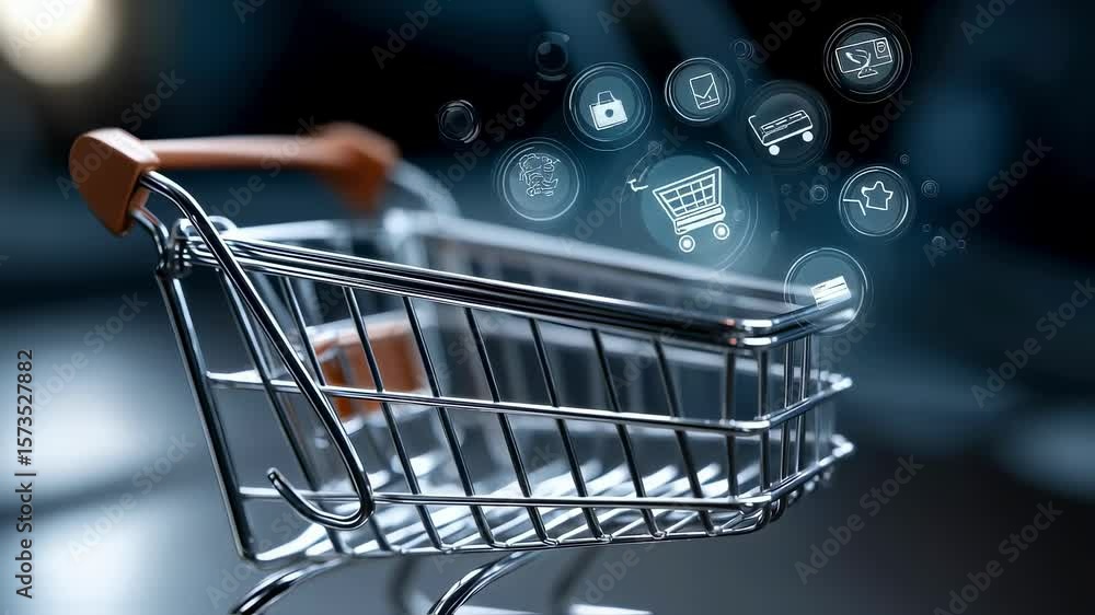 Poster closeup of a sleek shopping cart superimposed with a variety of dynamic digital icons depicting paym