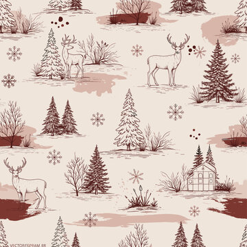 Seamless Winter Toile Pattern - Deer, Pine Trees & Snowflakes - Cranberry & Burlap Hand-Drawn Line Art - Textile Design