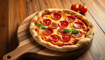 Pepperoni pizza displayed on a wooden board, capturing its delicious and inviting appearance.