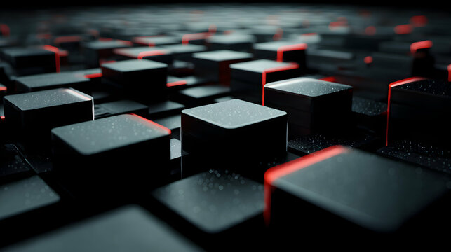Abstract image of dark cubes with red highlights arranged in a grid pattern.