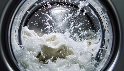 Close-up front view of a round glass window of a washing machine, with laundry being washed in water filled with bubbles and foam,