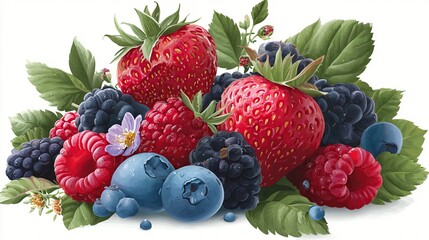 A vibrant, digitally painted cluster of ripe strawberries, raspberries, blackberries, and blueberries, nestled amongst lush green leaves and tiny white blossoms, against a stark white backdrop