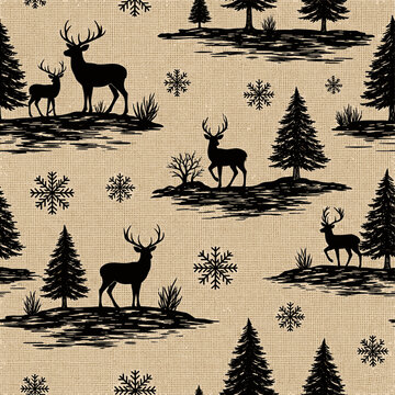 Seamless Winter Toile Pattern - Deer, Pine Trees & Snowflakes - Bold Black on Burlap - Hand-Drawn Textile Design