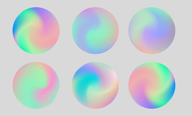 Vector illustration shows round shapes with soft pastel gradients in vivid neon colors. The design features a modern, abstract, dreamy style with swirling pink, green, blue, and violet hues.