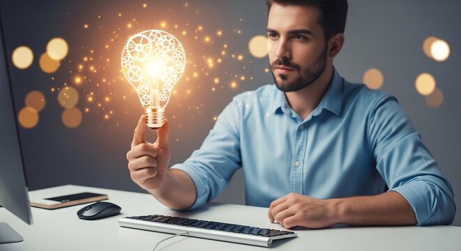 Man with a light bulb idea, gears inside, with glowing sparks. Working at a desk with a computer. Concept of innovation, creativity, solution.