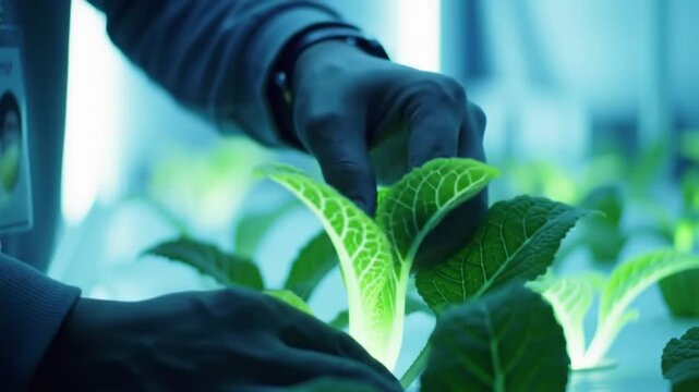 Gloved Hands Inspecting Hydroponic Lettuce
