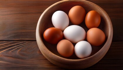brown and white eggs nestled in a bowl on a wooden surface