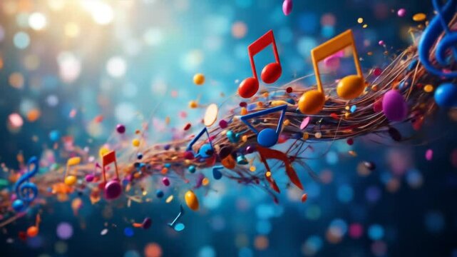 Abstract colorful musical notes floating in the air represent creativity, joy, harmony, melody, art, rhythm, and brightness against a vibrant background. 4k video