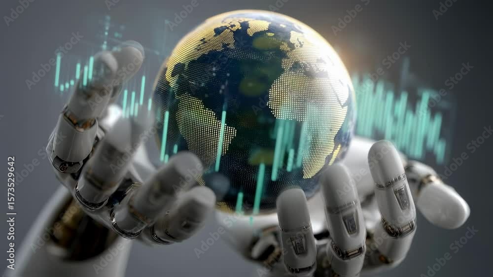 Poster engaging closeup of sleek robotic hands grasping a radiant globe signifying a commitment to sustaina