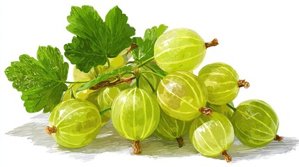 A cluster of light-green gooseberries rests on a white background, accompanied by several vibrant green leaves attached to the stems of the berries; the style is reminiscent of a painting or drawing