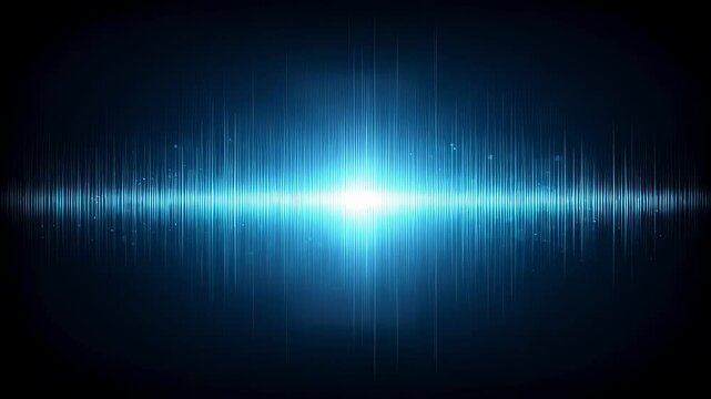 Striking sound wave graphic portraying an audio equalizer highlighted with luminous peaks and troughs on a dark blue canvas symbolizing the energy and complexity of sound frequencies.