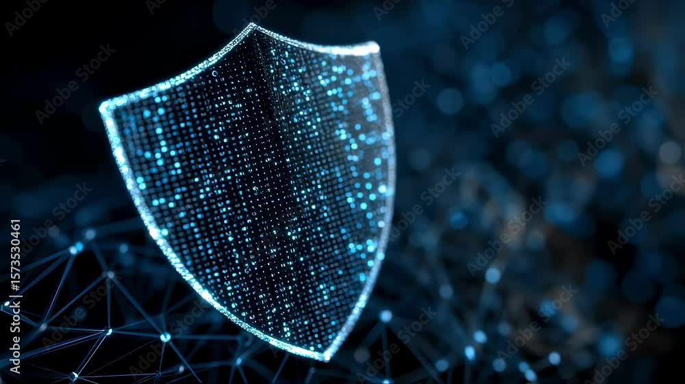 Poster closeup of a glowing shield icon overlaying a digital network backdrop illustrating advanced encrypt