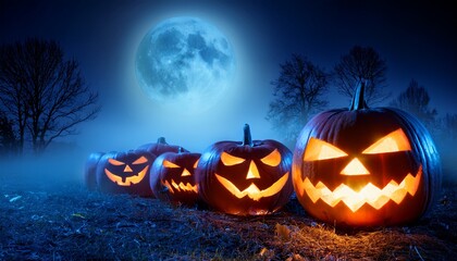 spooky carved pumpkins glowing in the fog on halloween night