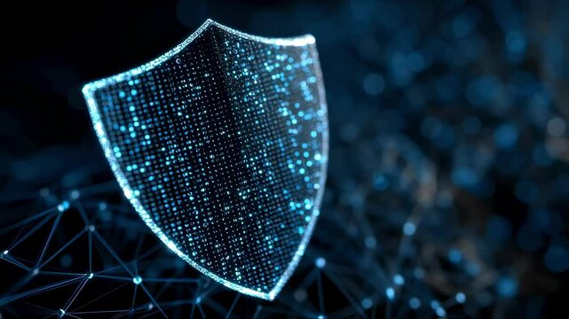 Closeup of a glowing shield icon overlaying a digital network backdrop illustrating advanced encryption and data safety. Represents a robust defense against cyber attacks in a hightech