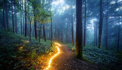 Fototapeta premium magic forest with glowing lights creating trails at night