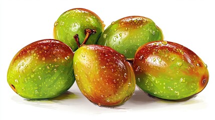 Close-up of five vibrant, wet plums in varying shades of green and red, with water droplets