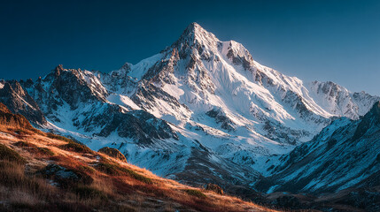 Majestic peak rises over snow-covered mountains. Stunning landscape, perfect for travel, adventure, web design, marketing. Inspiring, serene.