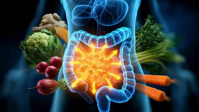 A visual representation of the digestive system with arrows indicating inflammation within the intestines. The illustration illustrates how reduced nutrient absorption can affect overall