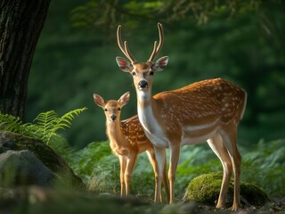 Naklejka premium Two fallow deer standing together in a lush green forest setting