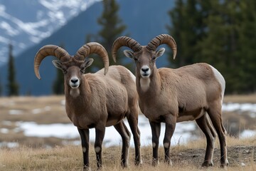Two majestic bighorn sheep posing in a natural mountainous environment