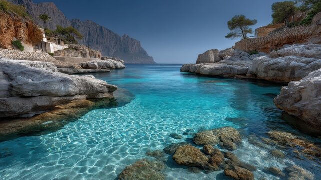 Limestone cliffs at cala llamp mallorca  scenic landscape image