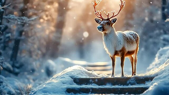 Majestic reindeer in snowy forest at sunrise