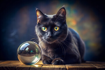 Witchs Black Cat Looking Into A Crystal Ball
