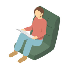 アイソメトリックイラスト：ソファで雑誌を読む女性