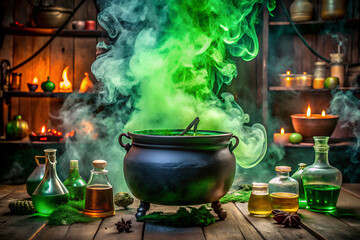 Witchs Cauldron Bubbling With Green Smoke And Potions