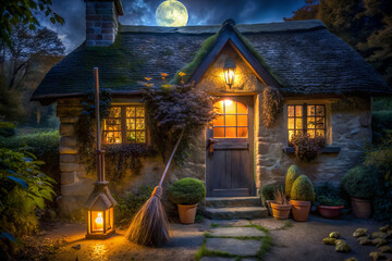 Witchs Cottage At Night With Glowing Windows