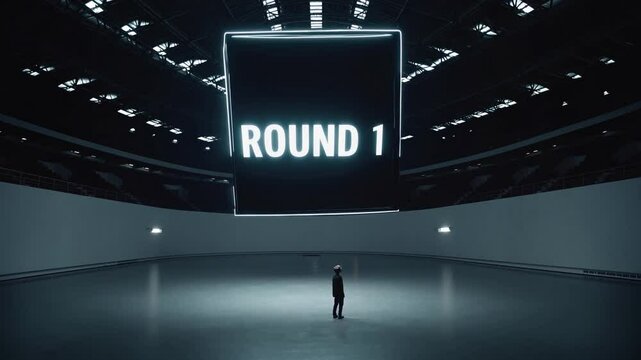 enfant seul face &agrave; un &eacute;cran &ldquo;ROUND 1&rdquo; dans une ar&egrave;ne vide